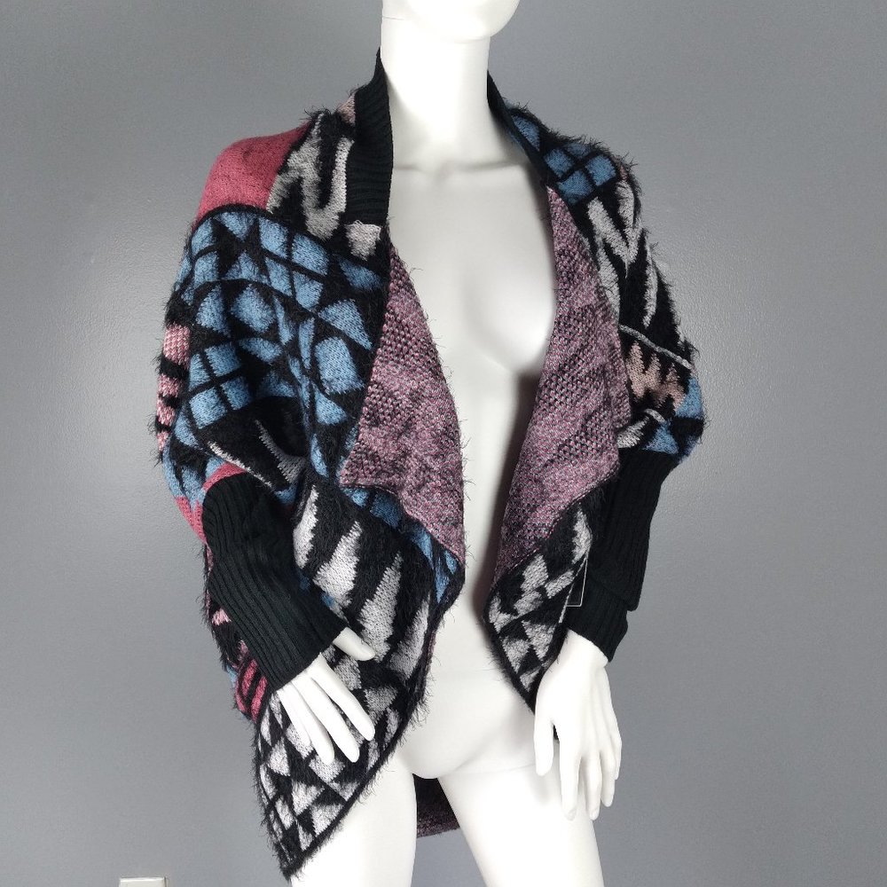 MAX SPORT Women's Cocoon Cardigan Sweater Dusty Blue/Black Open Front Fuzzy